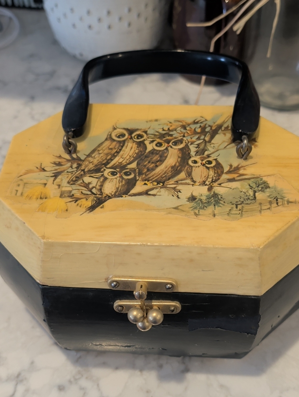 Handmade Vintage Owl Motif Decorative Bag- Black and Cream Home Accent..Wood